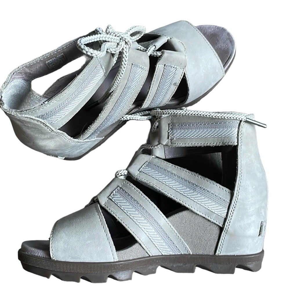 Sorel Joanie II Lace Webbing Wedge Sandals – Open Toe Cutout Heel • Size 10